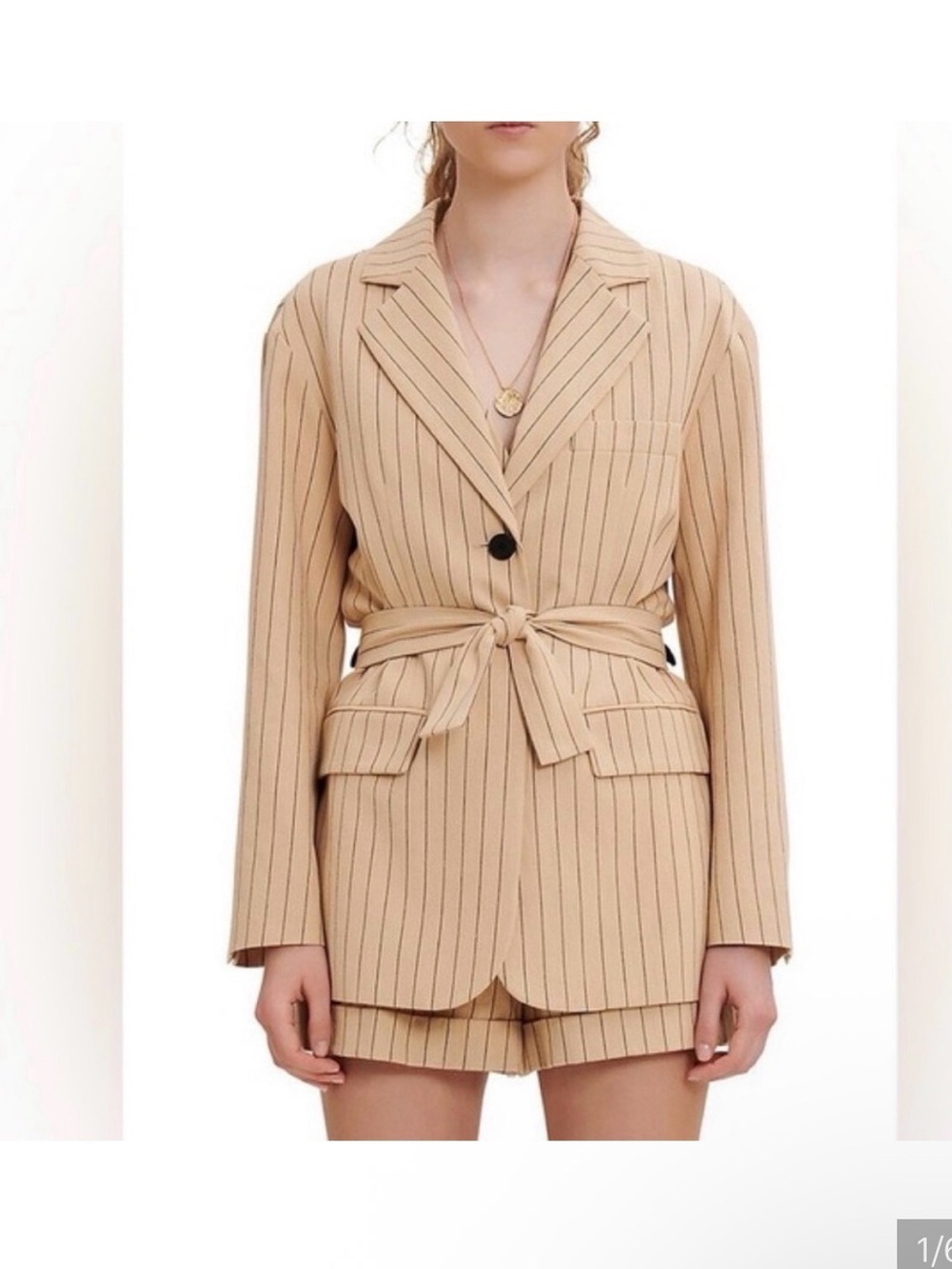 Maje Beige Pinstriped Belted Blazer and Trousers Set